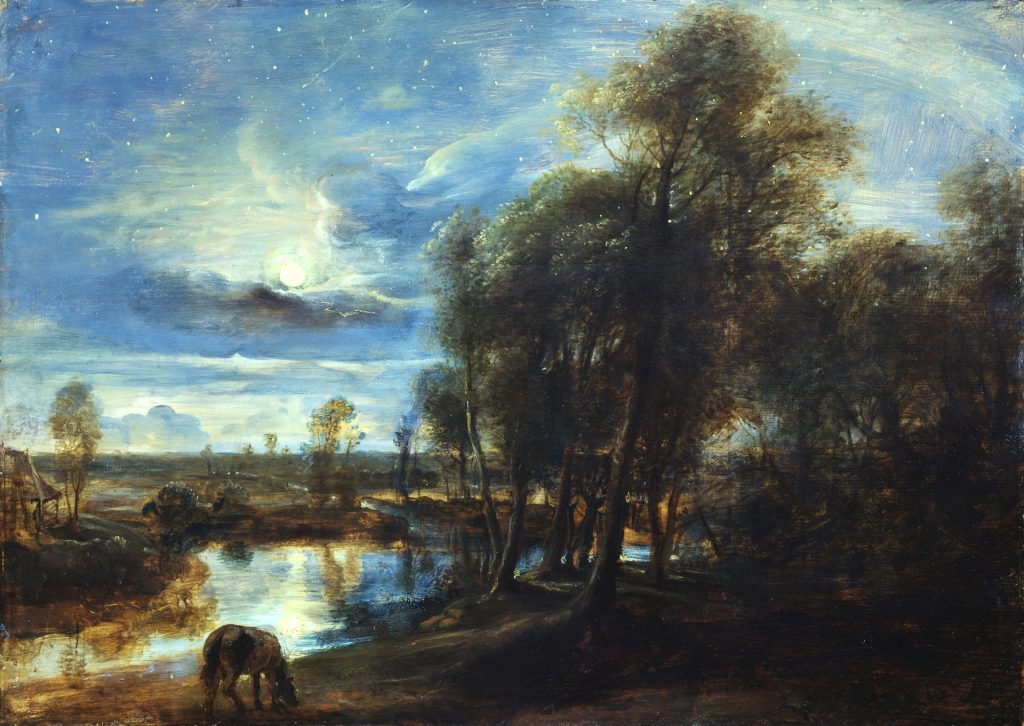Peter Paul Rubens, Landschap met grazend paard bij maanlicht, circa 1635-1640