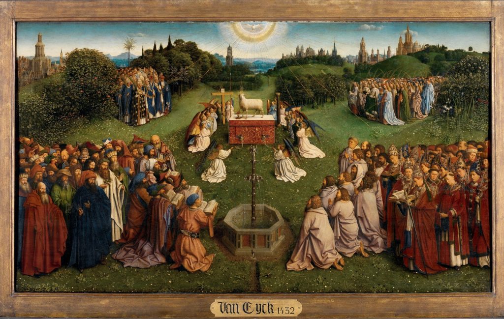 Jan van Eyck, {{Het Lam Gods Aanbidding van het Mystieke Lam}}, 1432 Het centrale paneel, De aanbidding van {{het Lam Gods}}