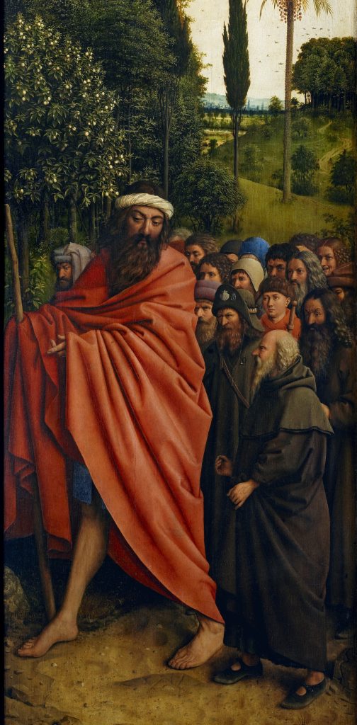 Jan van Eyck, Het Lam Gods, detail van een van de onderste delen van het rechterpaneel met De pelgrims