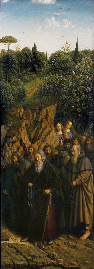 Jan van Eyck, Het Lam Gods, 1432; een van de onderste delen van het rechterpaneel met De kluizenaars