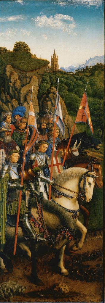 Jan van Eyck, Lam Gods, 1432 De onderste delen van het rechterpaneel met de Kluizenaars en de Pelgrims
