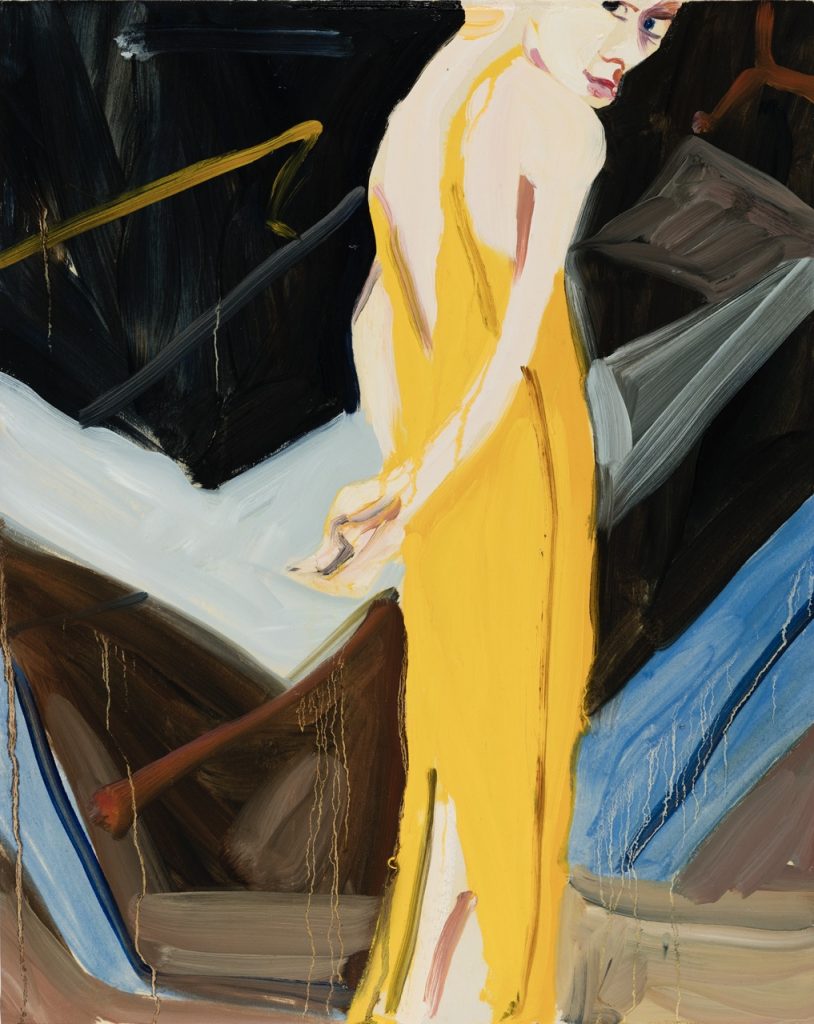 Chantal Joffe, Yellow Evening Dress, 2016, oil on board, 50 x 40cm