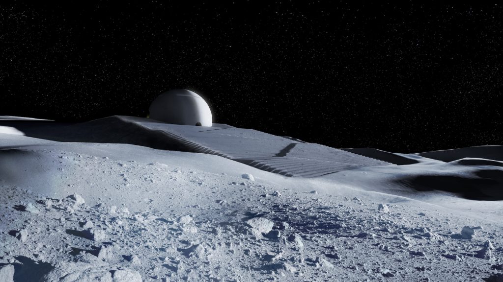 The temple to the moon on the rim of Shackleton Crater | Jorge Mañes Rubio. Design and visualization Javier Martínez (DITISHOE).