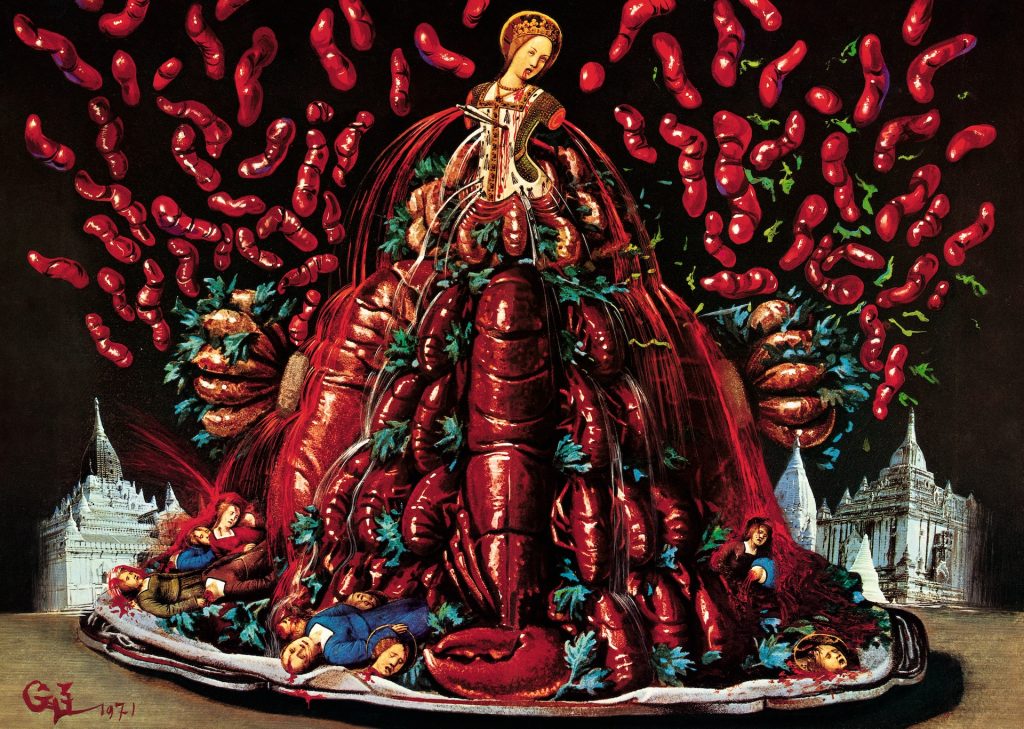 Afbeelding bij het hoofdstuk 'Het kannibalisme van de herfst', een verwijzing naar Dalí's schilderij {{Kannibalisme d'autome}} (1936)