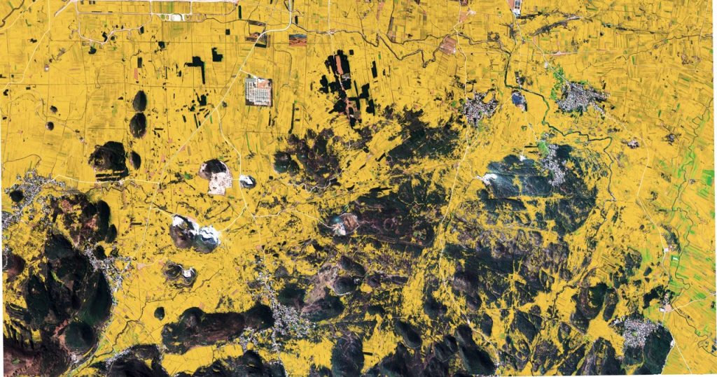 Benjamin Grant, {{Rapeseed}} 24.857405˚, 104.353534˚ Fields of rapeseed blanket the mountainous landscape of Luoping County in China. The crop is cultivated for oil production, which is extracted by gently heating the plants and then crushing the flower seeds. Rapeseed oil is primarily used as a source for biodiesel.