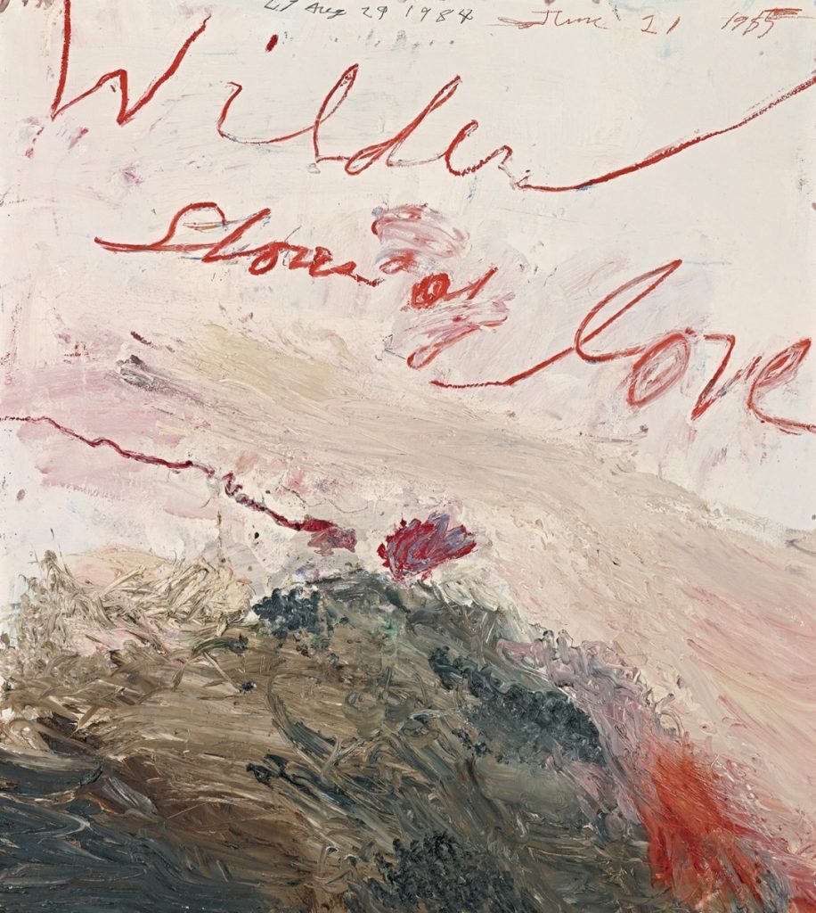 Cy Twombly, Wilder Shores of Love (1985) (detail). Twombly deed alsof hij met zijn linkerhand tekende, ‘omdat hij bang was dat het anders te gelikt werd’. Daarmee hoopte hij het strenge academisme af te wijzen en iets te bereiken wat gelijkstond aan extase. Cy Twombly Foundation, courtesy Archives Nicola Del Roscio