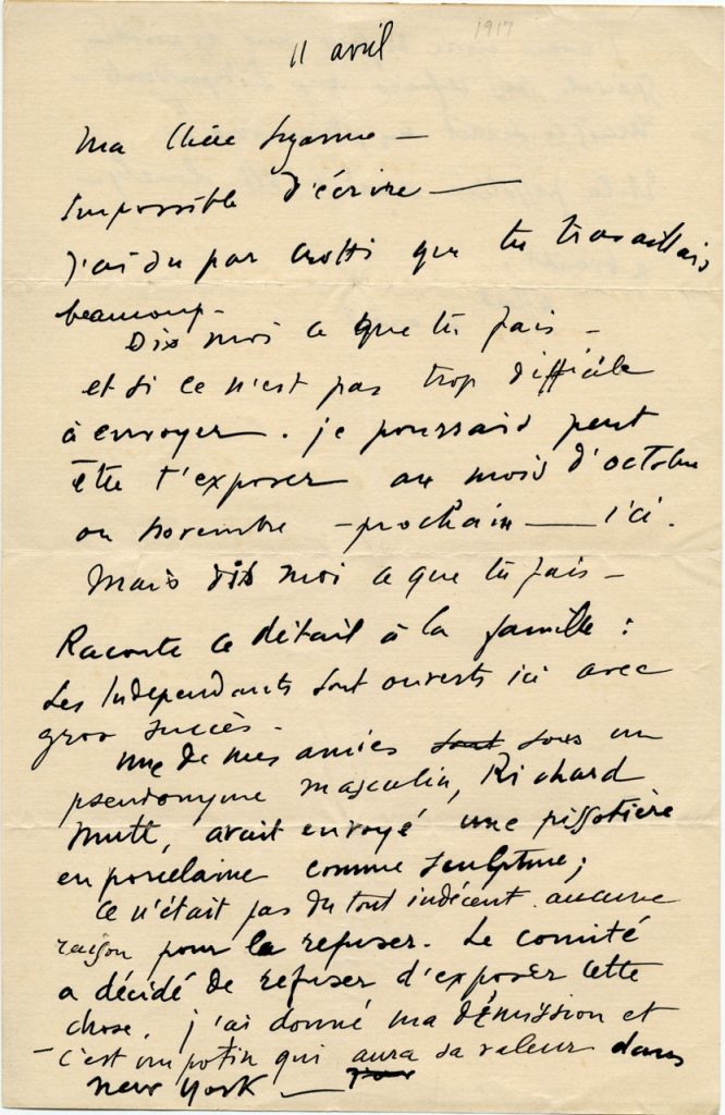 Marcel Duchamps brief aan Suzanne Duchamp, 11 april 1917. Afkomstig uit Archives of American Art, Smithsonian Institution, Washington