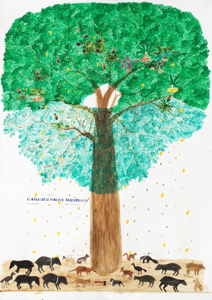 Abel RodrÍguez, El Arbol de la Vida y la Abundancia, 2020, waterverf en inkt op papier, 100 × 70 cm, collectie Teylers Museum, Haarlem