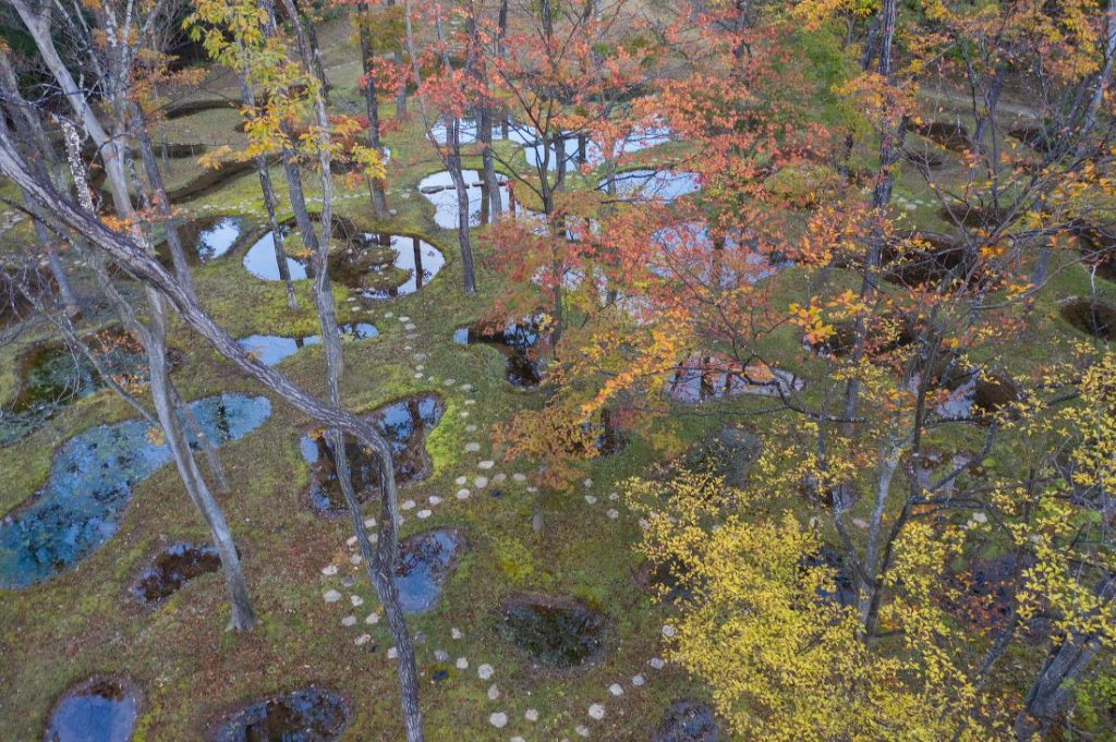Aerial view of Art Biotop Water Garden, by Junya Ishigami, nestled among the foothills of the Nasu Mountains, Japan 2018