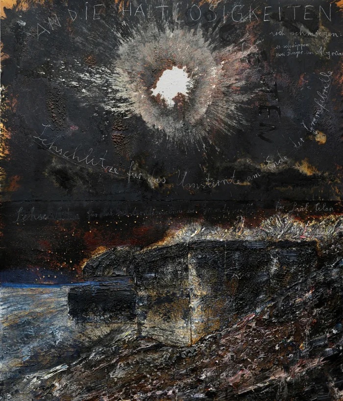 Anselm Kiefer, An Die Haltlosigkeit, 2021, emulsie, acrylverf, oilieverf, shellac en krijt op doek, 560 × 470 cm