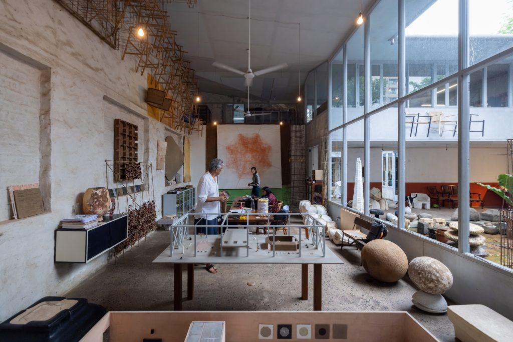 A scale model replicating the exhibition space of the Foundation Cartier in Paris is used to prepare for the exhibition Bijoy Jain/Studio Mumbai ‒ Breath of an Architect