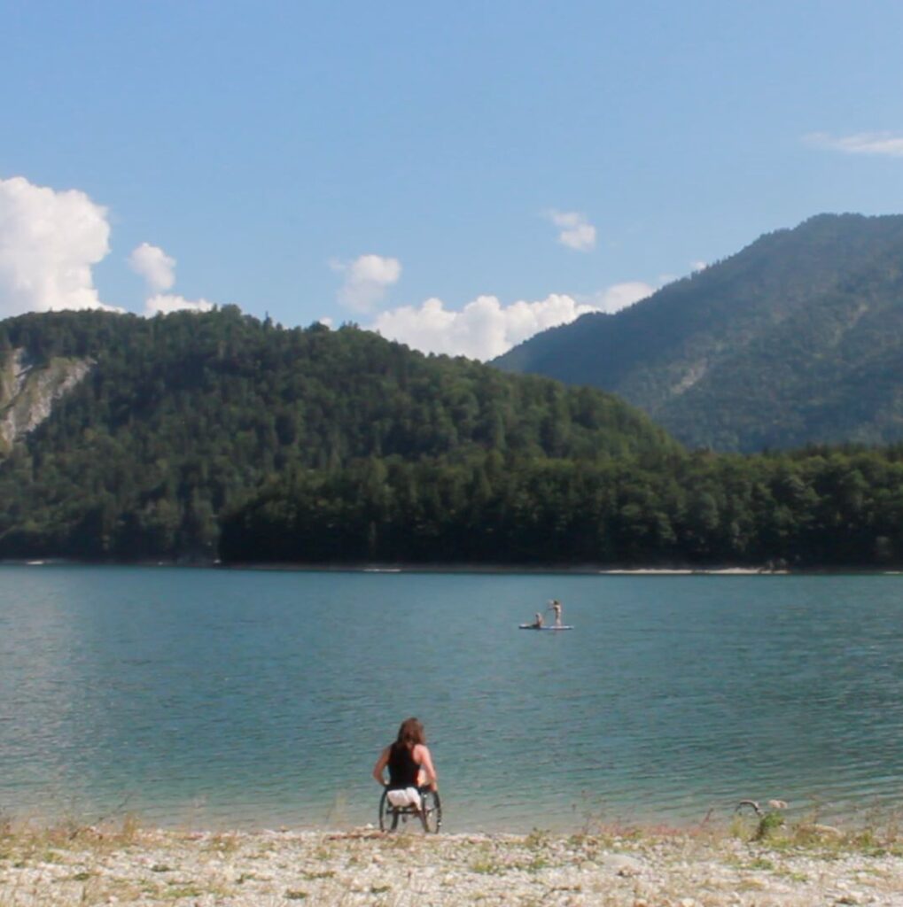 Film Stills of Pierre H. Brinker swimming in a lake during his roadtrip through Europe, Sylvensteinsee, Bavaria, Germany, 2024