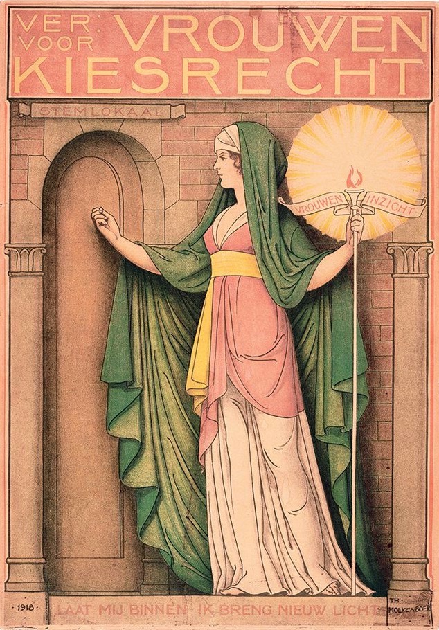 Theo Molkenboer, Poster voor Vereeniging voor Vrouwenkiesrecht met de leus ‘Laat mij binnen - Ik breng nieuw licht’, 1918