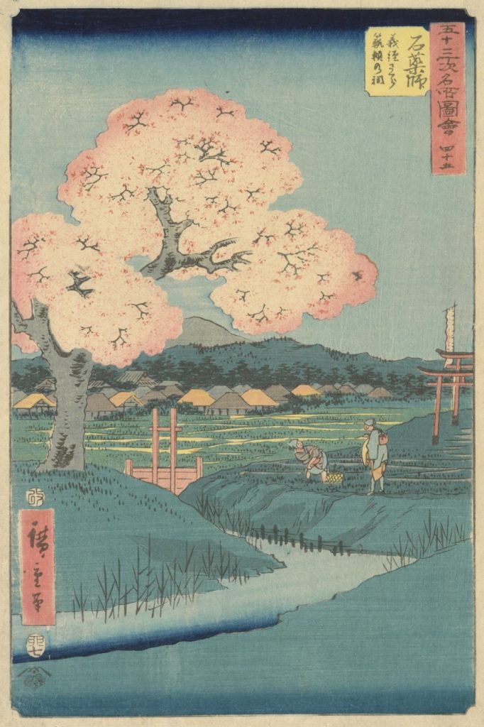 Utagawa Hiroshige, Ishiyakushi: De Yoshitsune kersenboom bij de Noriyori schrijn, 1855, kleurenhoutsnede, 36 x 23 cm | Van Gogh Museum, Amsterdam (Vincent van Gogh Stichting)