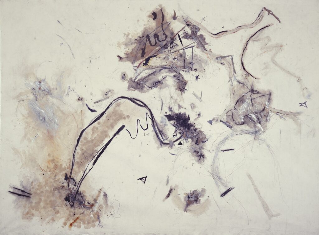 Avis Newman, {{The Wing of the Wind of Madness}}, 1982, acrylic paint, metallic paint, cotton gauze, muslin and paper on canvas, 273 × 369 cm, Tate collection | © Avis Newman, courtesy Maureen Paley, London