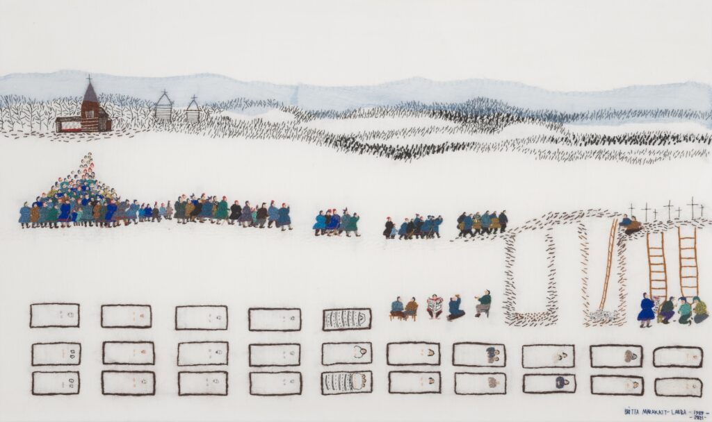 Britta Marakatt-Labba, Historjá (detail), 2003-2007, embroidery, textile print and appliqué on linen, 39 × 2345 cm, KORO – Kunst i offentlige rom | © Britta Marakatt-Labba/Bildupphovsrätt 2025, Pictoright, the Netherlands, photo: Ina Wesenberg/Nasjonalmuseet