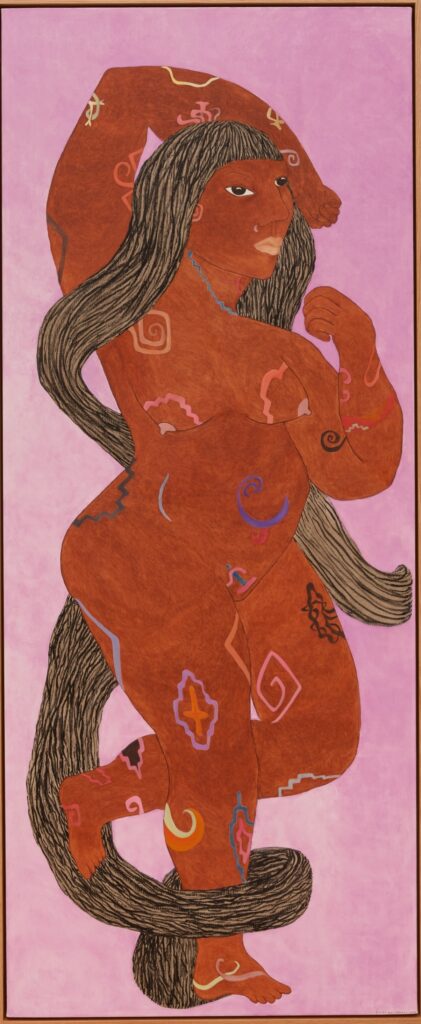 Cecilia Vicuña, Pachamama, 2024, oil on canvas, 175.3 × 71.1 cm | © 2024 Cecilia Vicuña/Artist Rights Society (ARS), New York, photo: Daniel Kukla