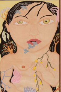 Cecilia Vicuña, Santa Bárbara, 2024, oil on canvas, 175.3 × 71.1 cm | © 2024 Cecilia Vicuña/Artist Rights Society (ARS), New York, photo: Daniel Kukla