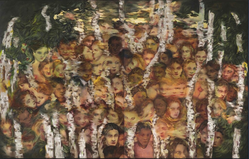 Eva Helene Pade, {{Birkeskov}}, 2023, olieverf op katoen, 240 × 360 cm | met dank aan de kunstenaar en Galerie Nicolai Wallner, foto: Anders Sune Berg