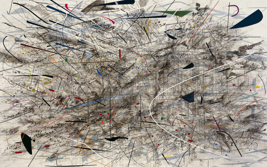 ulie Mehretu, Black City, 2007. Ink and acrylic on canvas, 120 x 192 inches. Pinault Collection. Courtesy of the artist and Marian Goodman Gallery and carlier | gebauer, Berlin, Photo: Tim Thayer. © Julie Mehretu.