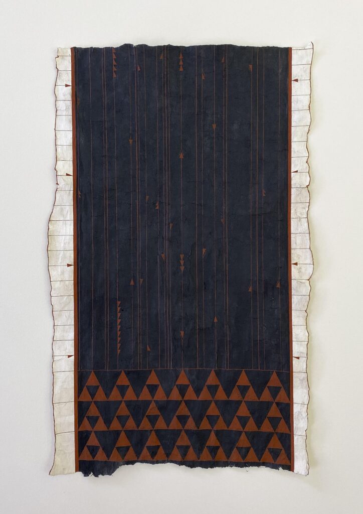 Nikau Hindin,{Te Uranga (The rising and setting of the sun due East and due West. Autumnal Equinox. 20.03.2020), 2019, kōkōwai (red ochre), ngārahu (soot pigment) on aute (paper mulberry), from the series Kōkōrangi ki Kōkōwai: From Celestial Bodies to the Earth | courtesy of the artist