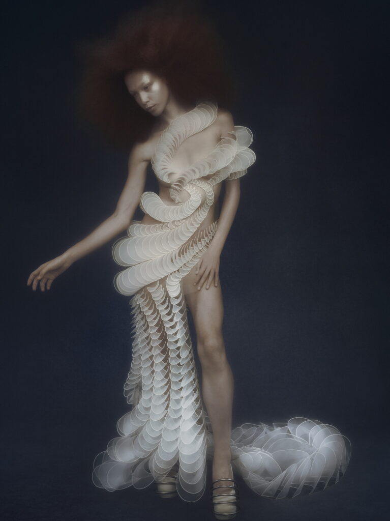 Designs from Sympoiesis, Iris van Herpen’s latest collection, presented during Paris Haute Couture week, July 2025 © Rob Rusling