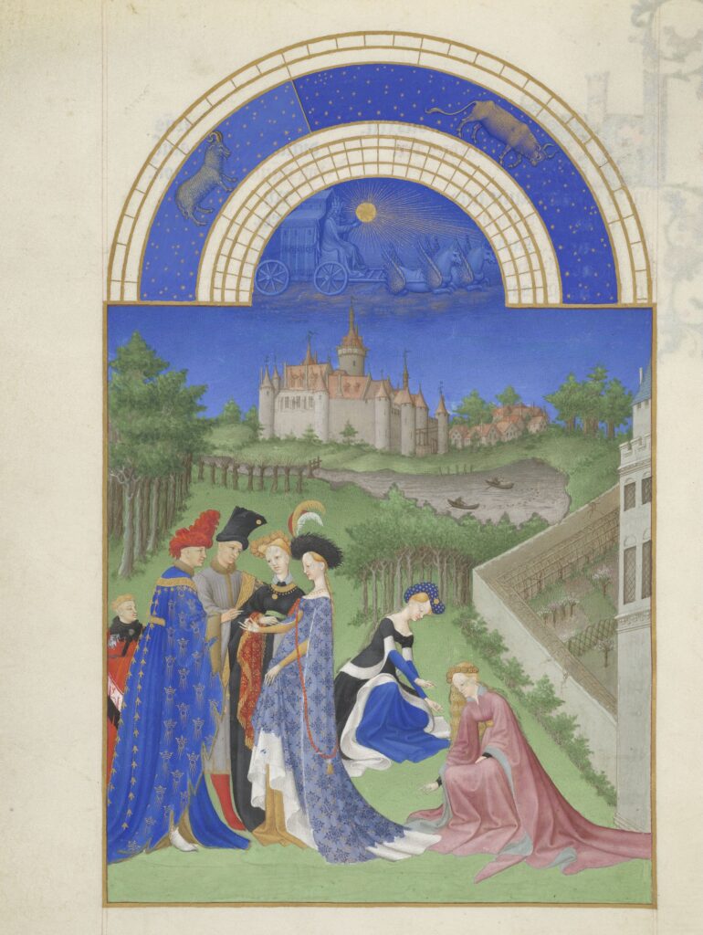 Gebroeders van Lymborch, Kalenderblad april, uit Les Très Riches Heures, 1411/1412-1416, collectie Musée Condé, Chantilly, © GrandPalaisRmn, Domaine de Chantilly, foto Michel Urtado