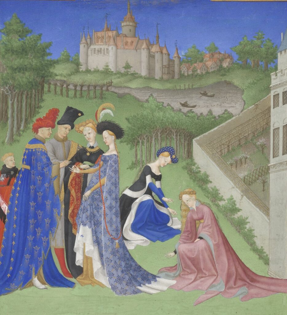 Gebroeders van Lymborch, {{Kalenderblad april}}, uit {{Les Très Riches Heures}}, 1411/1412-1416, collectie Musée Condé, Chantilly | © Grand Palais Rmn, Domaine de Chantilly, foto: Michel Urtado