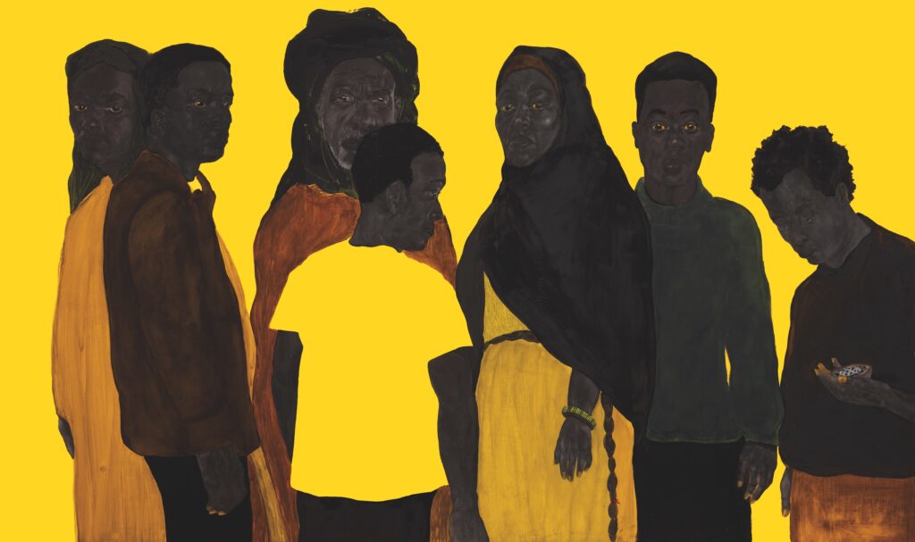 M'barek Bouhchichi, Ce que je suis, ce que nous sommes, 2025, Mixed media on rubber, 160 x 270 cm. Courtesy of L’Atelier 21.