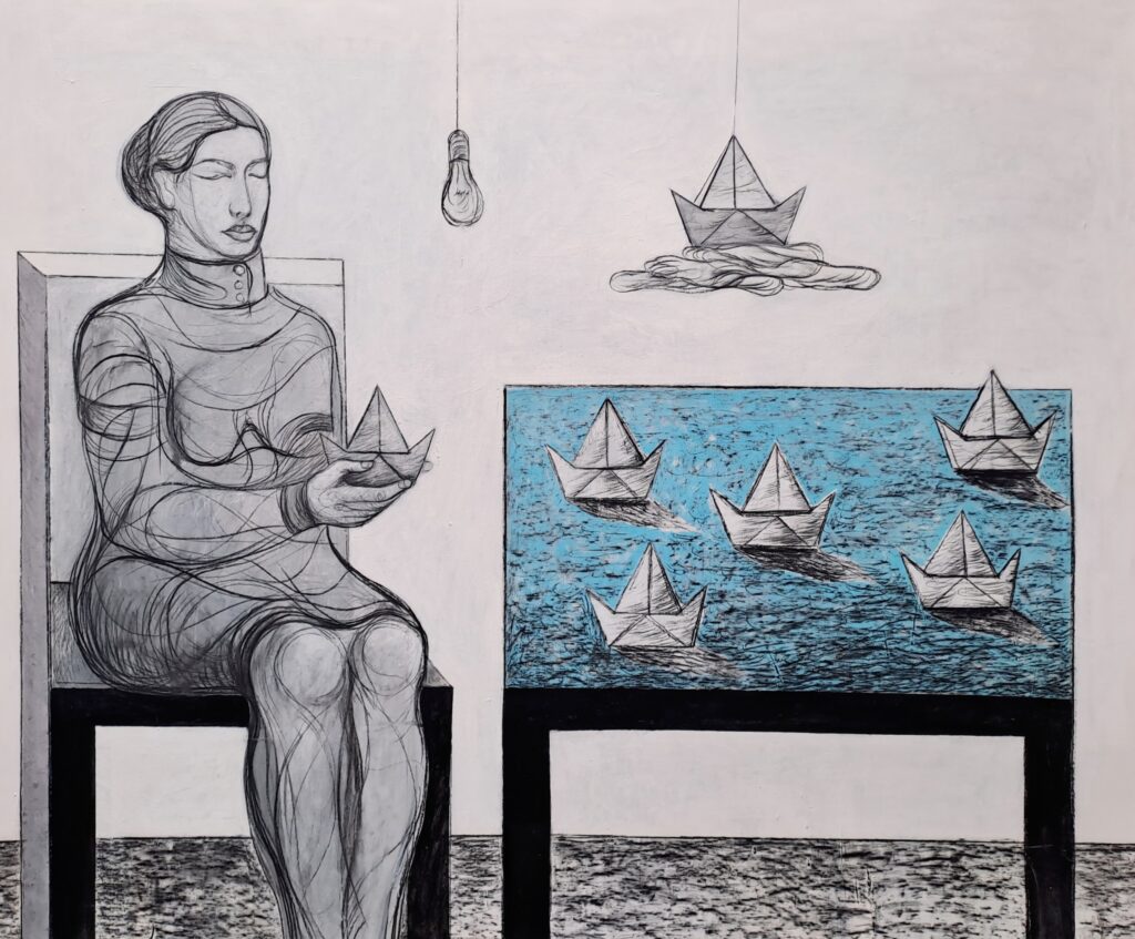 Oussama Diab, Bootreis I, 2023, gemengde techniek op doek, collectie Stichting Kunst & Historisch Bezit a.s.r. & Aegon