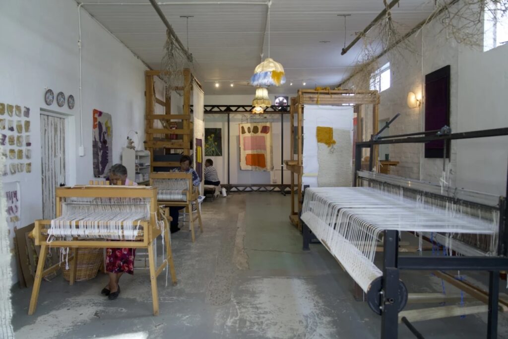 Weaving looms in the studio of Frances van Hasselt