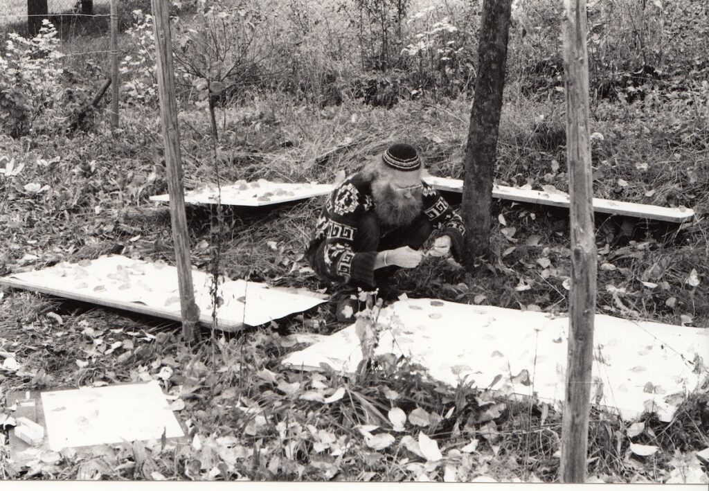 herman de vries terwijl hij werkt aan 1,2,3 hours under my appletree, 1975