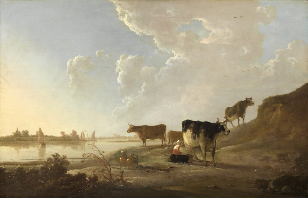 Aelbert Cuyp, Rivierlandschap met melkende vrouw., ca.1646