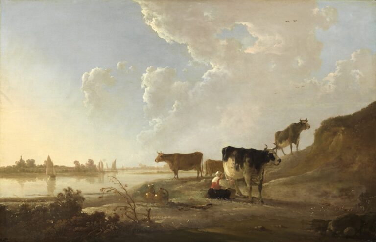 Aelbert Cuyp, Rivierlandschap met melkende vrouw., ca.1646