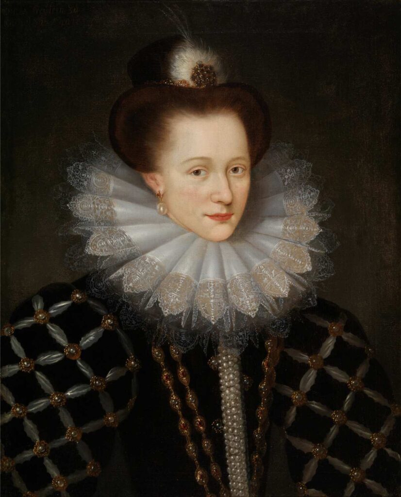 Daniël van den Queborn, Emilia, prinses van Oranje, prinses van Portugal, met witte kanten plooikraag, ca. 1593, collectie Paleis Het Loo., langdurig bruikleen Geschiedkundige Vereniging Oranje-Nassau