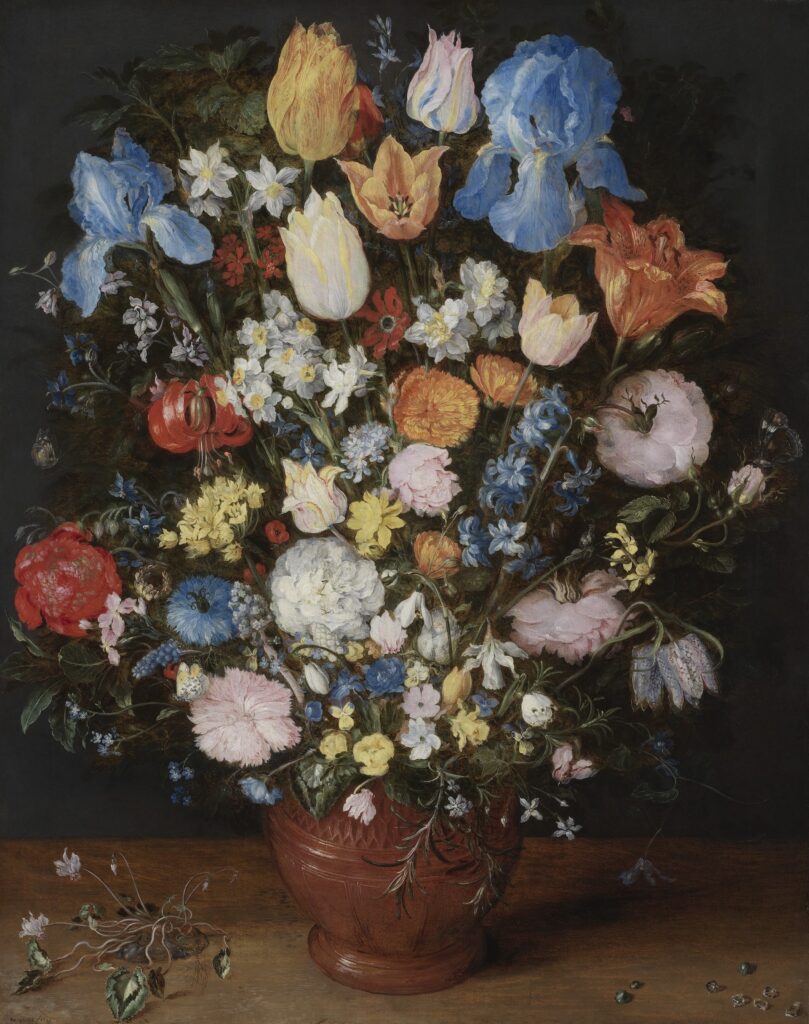 Jan Brueghel, Bloemenvaas met varkensbrood en edelstenen, 1605-1607