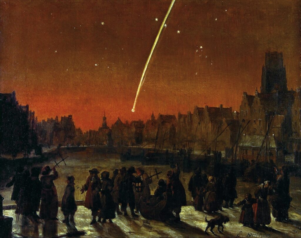 Lieve Verschuier, {{Staartster (komeet) boven Rotterdam}}, 1680, olieverf op paneel, 25,5 x 32,5 cm, Museum Rotterdam